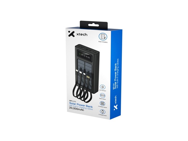 Xtech XPB-200 - Solar Power Bank - 24 pin USB-C / 4 pin USB Type A / 5 pin Micro-USB Type A - 24 pin USB-C / 4 pin USB Type A / 5 pin Micro-USB Type A - Lithium ion polymer - Para Universal - built-in charg cables20,000mAh
